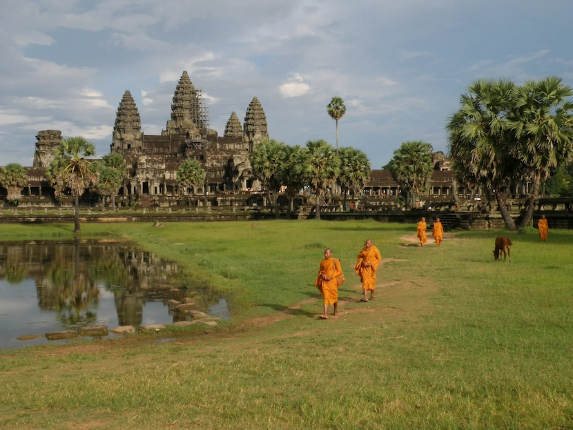 A group of people walking across a lush green field