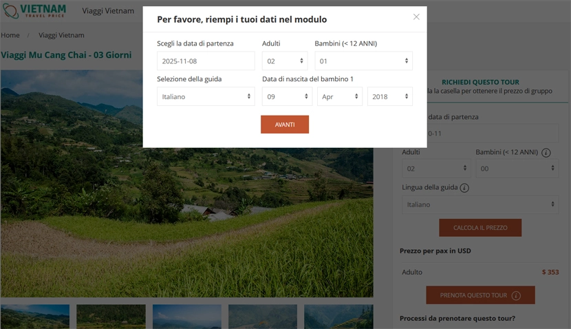Modifica sistemazione per pacchetto turistico Vietnam,pacchetto turistico Vietnam